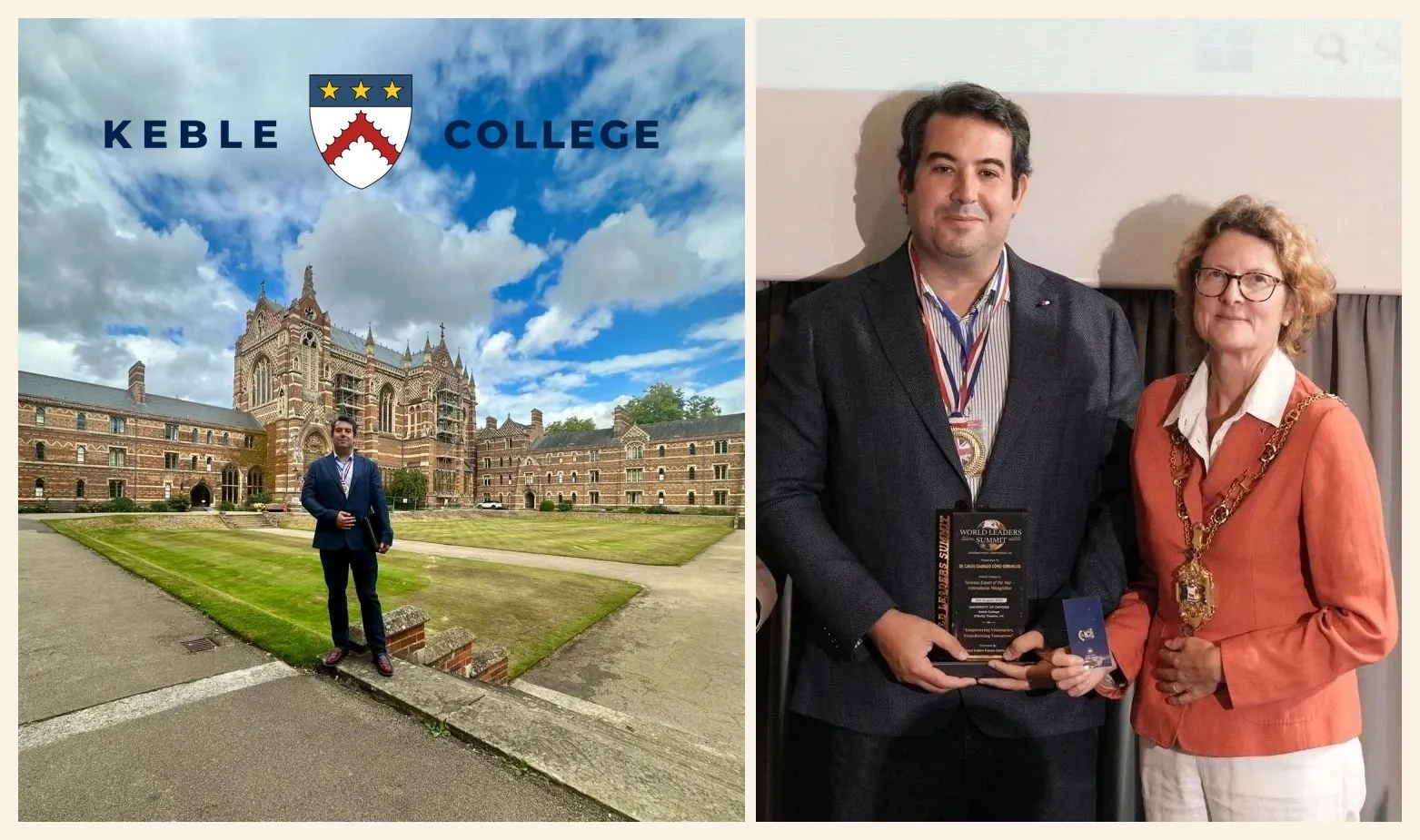 Reconocimiento entregado por Louise Upton en Keble College, Oxford, en 2025.